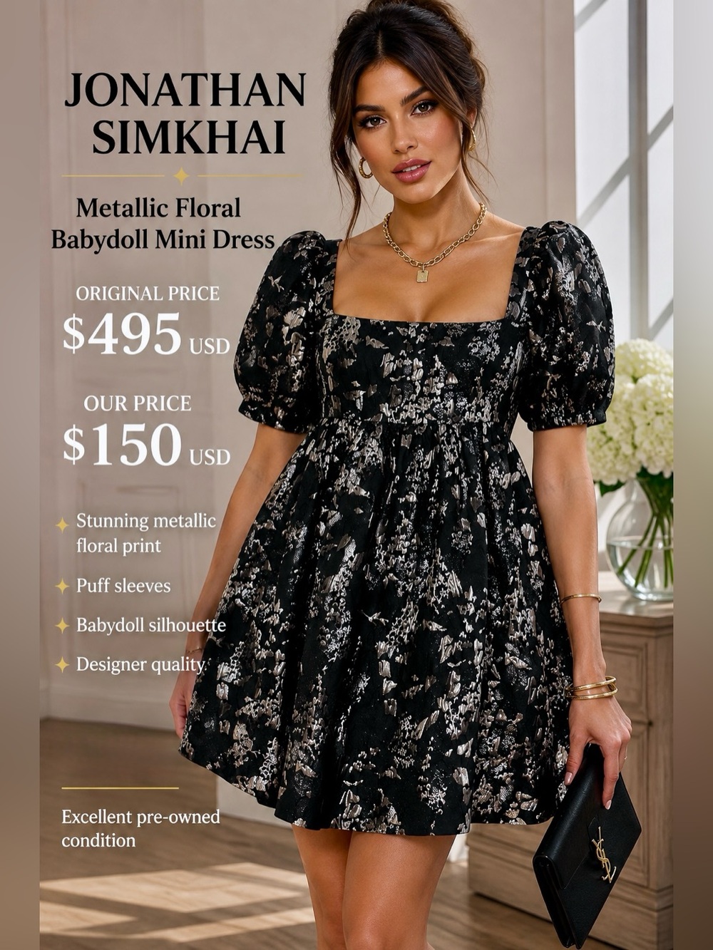 Jonathan Simkhai Black Metallic Floral Babydoll Mini
